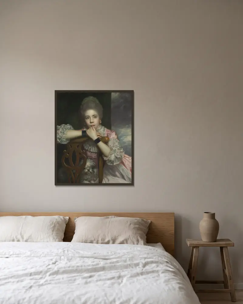 Mrs. Abington som Miss Prue i 'Love for Love' av William Congreve av Sir Joshua Reynolds inramad på en vägg