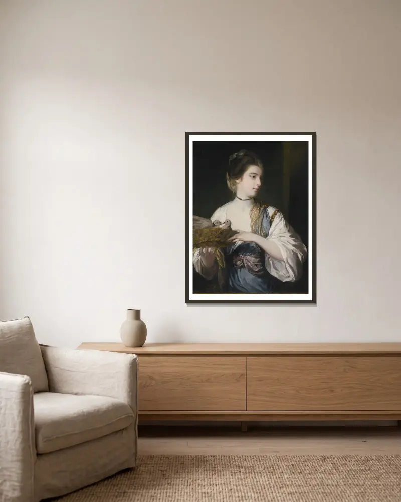Nancy Reynolds With Doves av Sir Joshua Reynolds inramad på en vägg