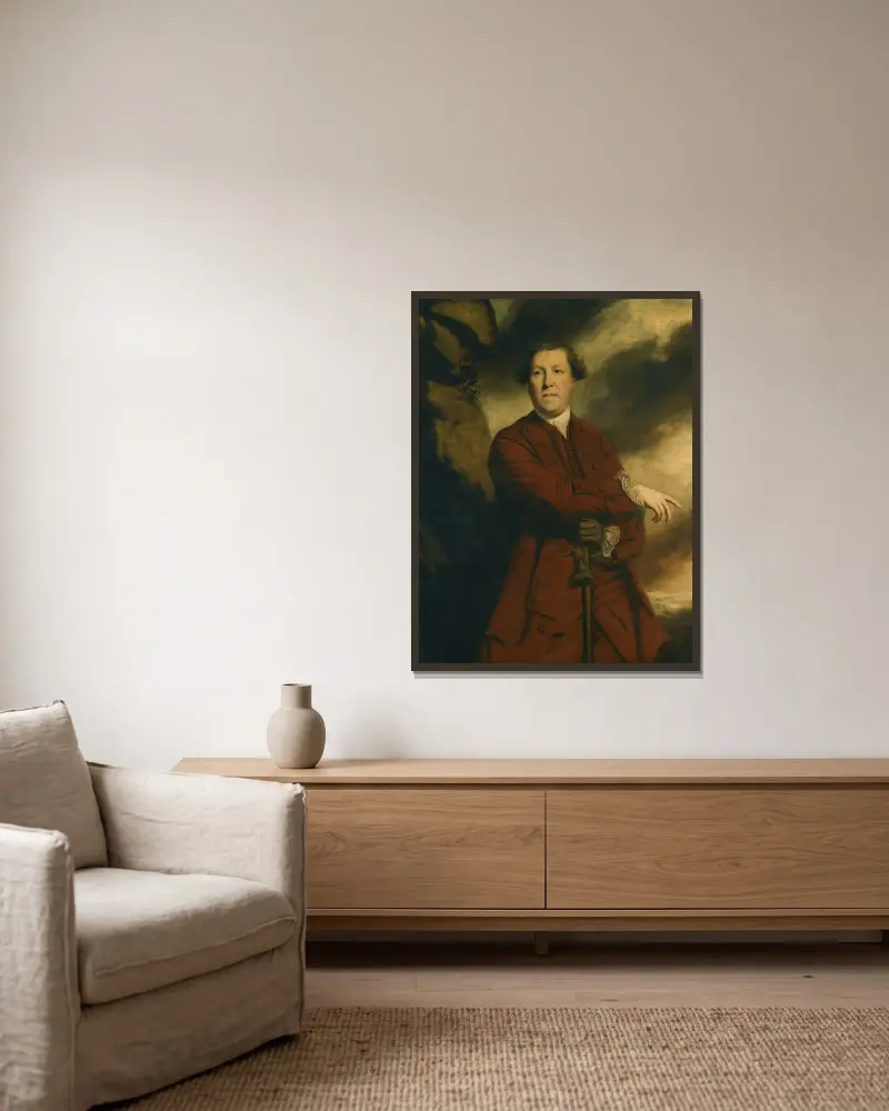 Portrait Of Captain Robert Haldane, Of Gleneagles av Sir Joshua Reynolds inramad på en vägg