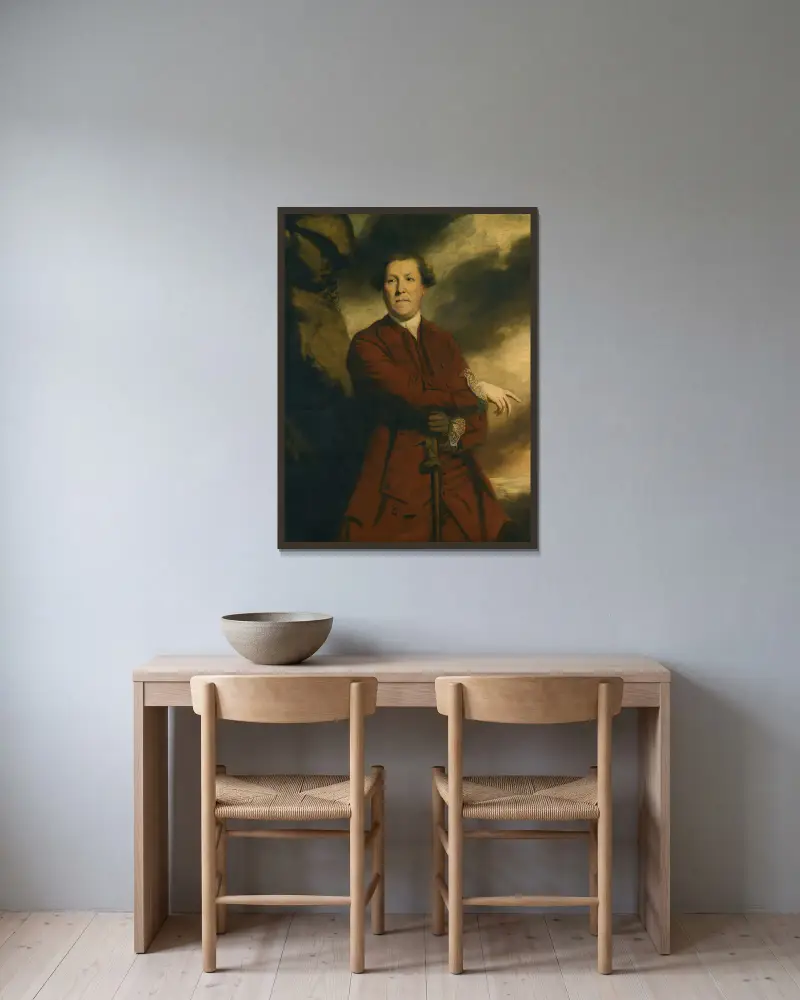 Portrait Of Captain Robert Haldane, Of Gleneagles av Sir Joshua Reynolds inramad på en vägg