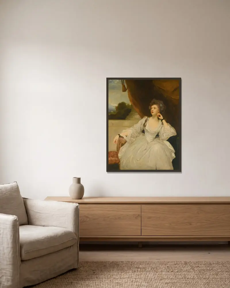 Porträt der Elizabeth Falconer, Mrs. Stanhope, als Contemplation von Sir Joshua Reynolds gerahmt an einer Wand
