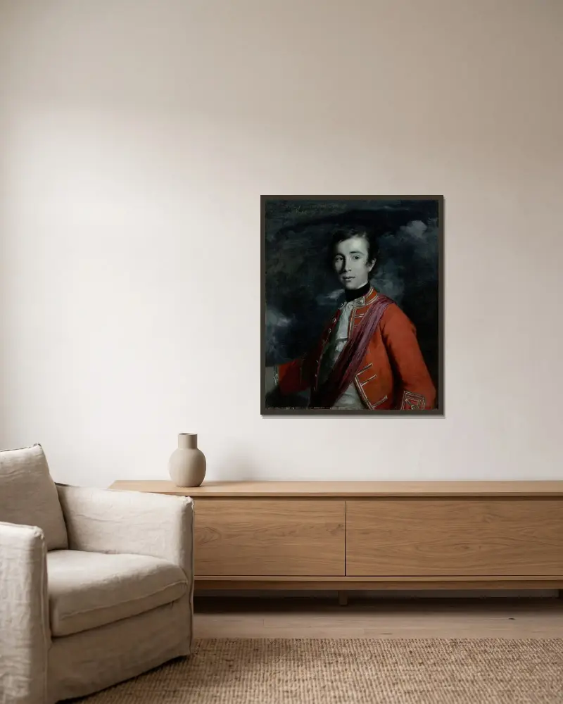 Portrait of General William John Kerr (1737-1815), 5th Marquess of Lothian, styled Lord Newbottle and later Earl of Ancram av Sir Joshua Reynolds inramad på en vägg