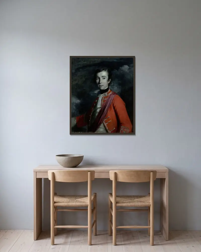 Portrait of General William John Kerr (1737-1815), 5th Marquess of Lothian, styled Lord Newbottle and later Earl of Ancram av Sir Joshua Reynolds inramad på en vägg