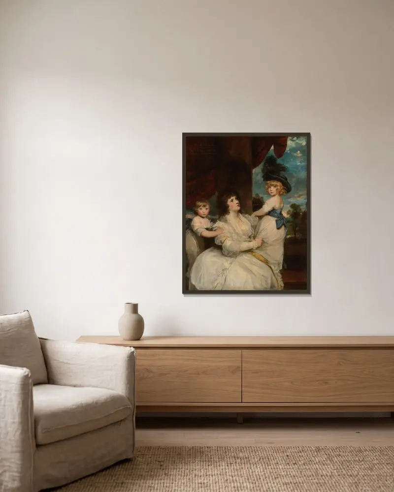 Porträt der Jane, Countess of Harrington, mit ihren Söhnen, dem Viscount Petersham und dem Honorable Lincoln Stanhope von Sir Joshua Reynolds gerahmt an einer Wand