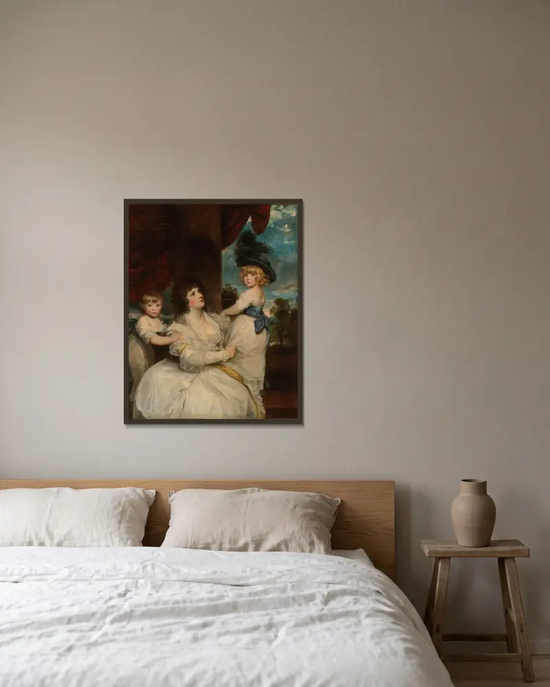 Porträt der Jane, Countess of Harrington, mit ihren Söhnen, dem Viscount Petersham und dem Honorable Lincoln Stanhope von Sir Joshua Reynolds gerahmt an einer Wand