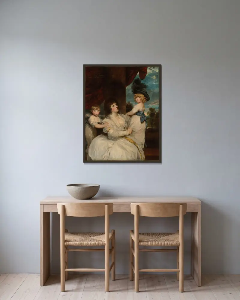Porträt der Jane, Countess of Harrington, mit ihren Söhnen, dem Viscount Petersham und dem Honorable Lincoln Stanhope von Sir Joshua Reynolds gerahmt an einer Wand
