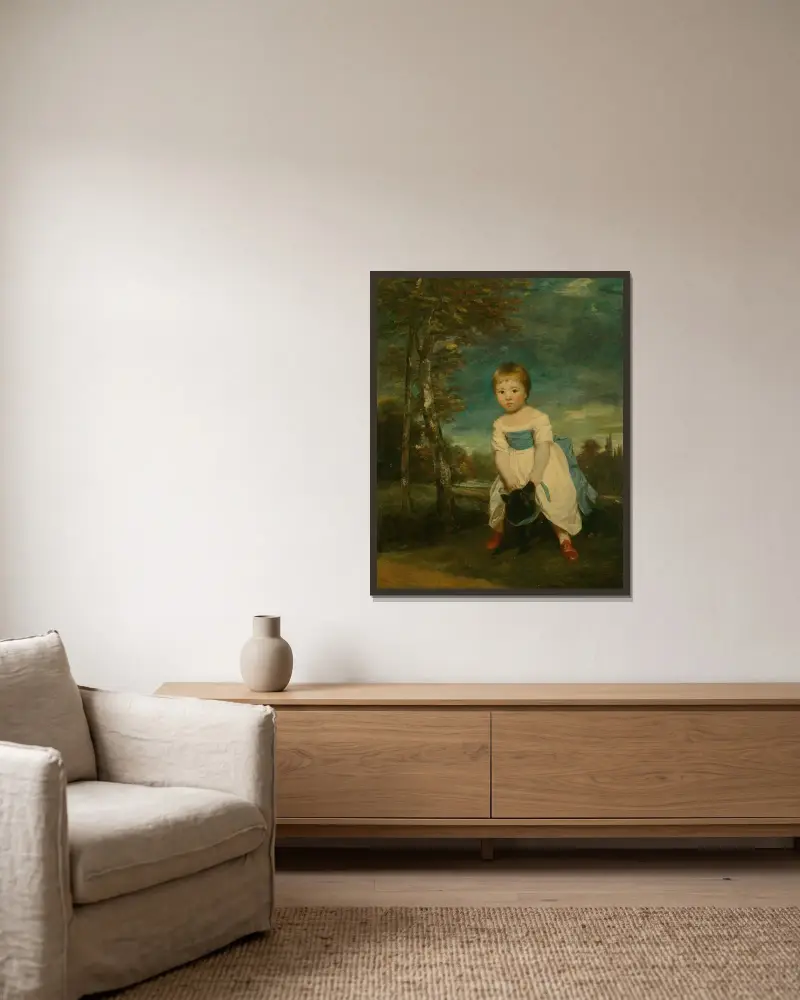 Porträtt av unge William Cavendish, stående över en svart hund, i landskap av Sir Joshua Reynolds inramad på en vägg