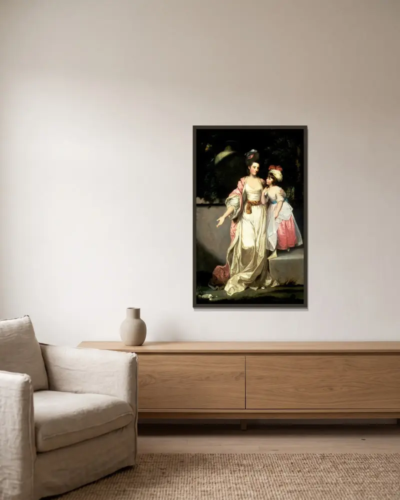 Porträt von Mrs. Jelf Powis und ihrer Tochter von Sir Joshua Reynolds gerahmt an einer Wand