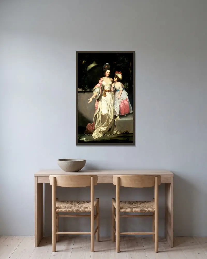 Porträt von Mrs. Jelf Powis und ihrer Tochter von Sir Joshua Reynolds gerahmt an einer Wand