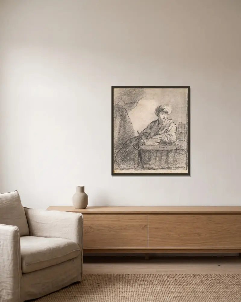 Sittande man vid bord av Sir Joshua Reynolds inramad på en vägg