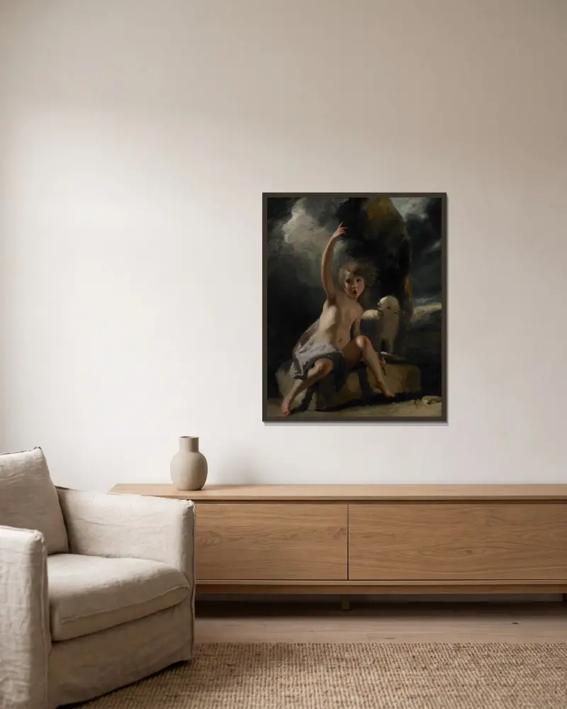 Den unge döparen i öknen av Sir Joshua Reynolds inramad på en vägg
