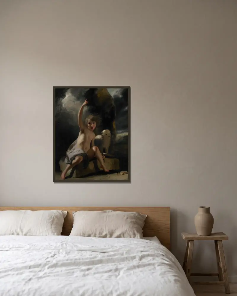 Den unge döparen i öknen av Sir Joshua Reynolds inramad på en vägg