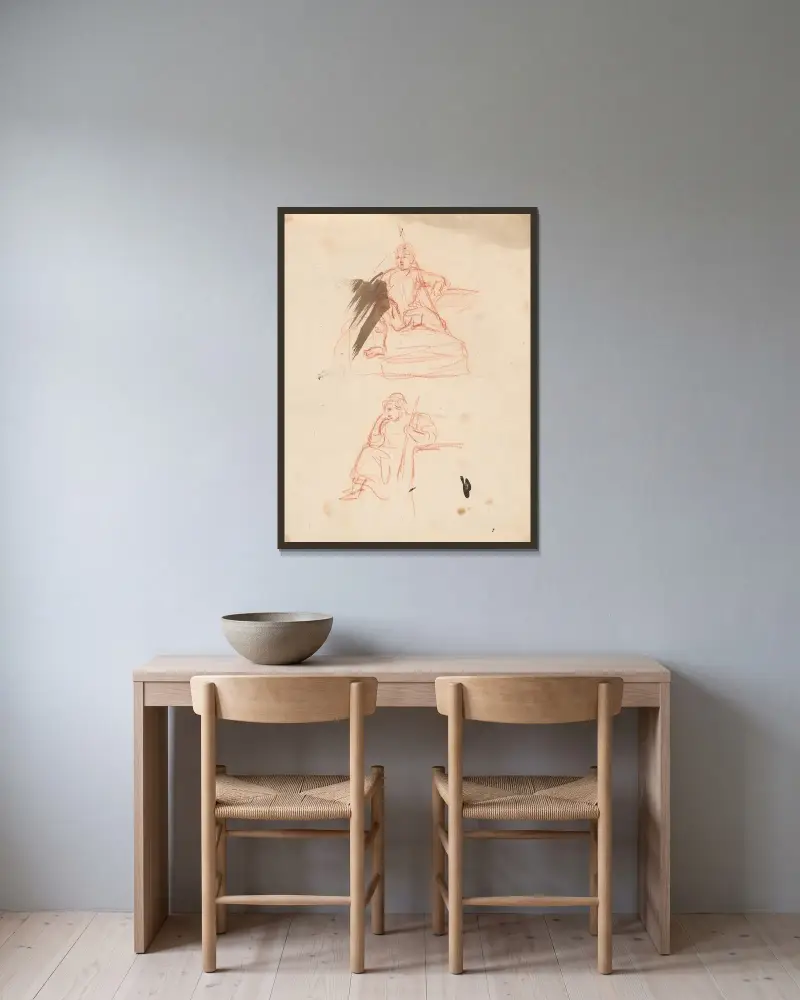 Två sittande figurer av Sir Joshua Reynolds inramad på en vägg