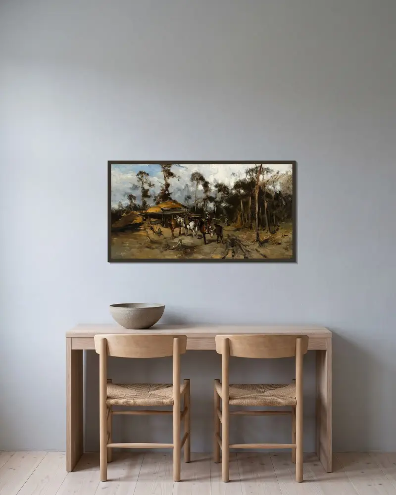 Ryttare i skogen, skiss av Jozef Brandt inramad på en vägg