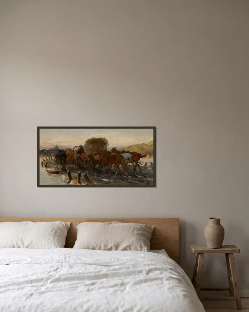Jews leading horses to the market av Jozef Brandt inramad på en vägg