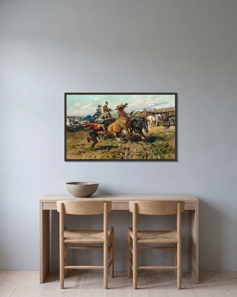 Runway horses (Przeprawa) av Jozef Brandt inramad på en vägg