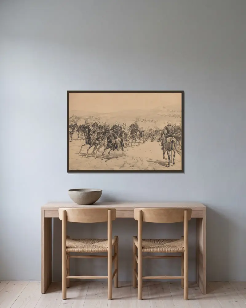Colonial battlefield av Jozef Chelmonski inramad på en vägg