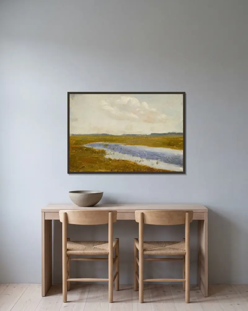 Landskap; Äng med kärrblommor av Jozef Chelmonski inramad på en vägg