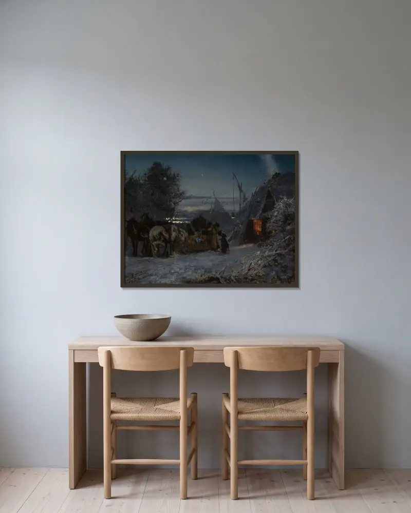 Släde framför en koja om natten av Jozef Chelmonski inramad på en vägg