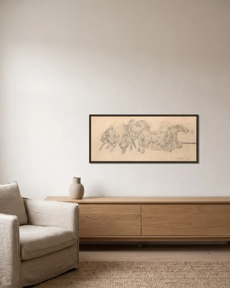 Studie galoppierender Pferde im Gespann, Skizze zum Gemälde „Czwórka“ von 1880 von Jozef Chelmonski gerahmt an einer Wand