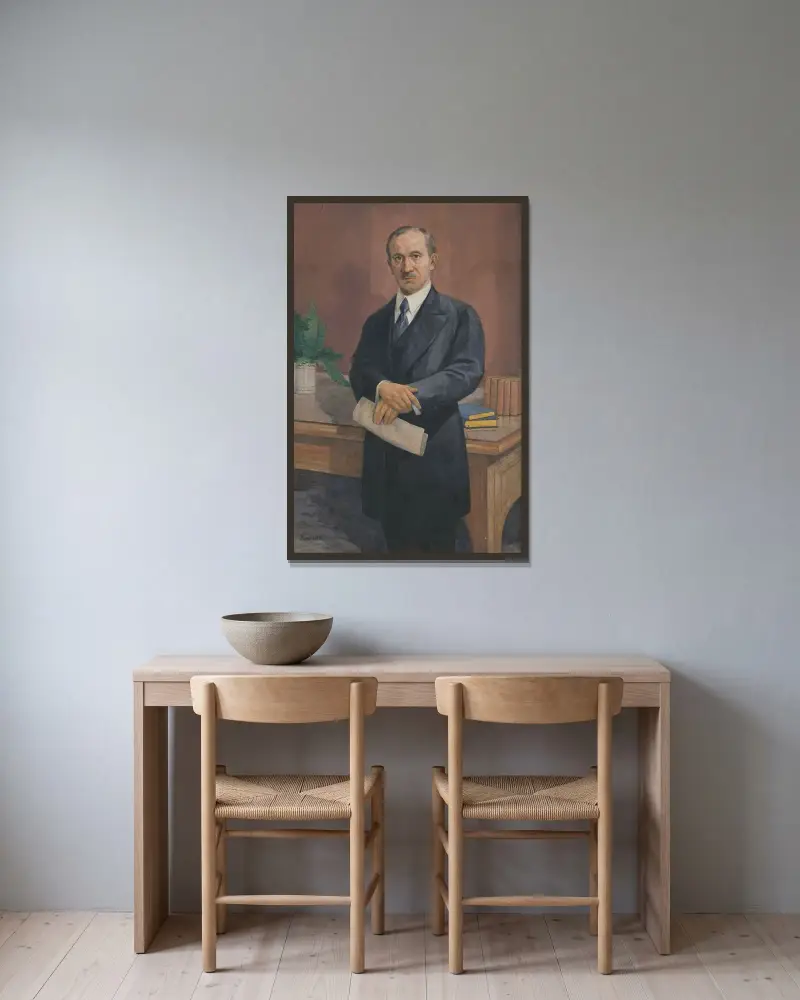 Eduard Beneš av Jozef Hanula inramad på en vägg