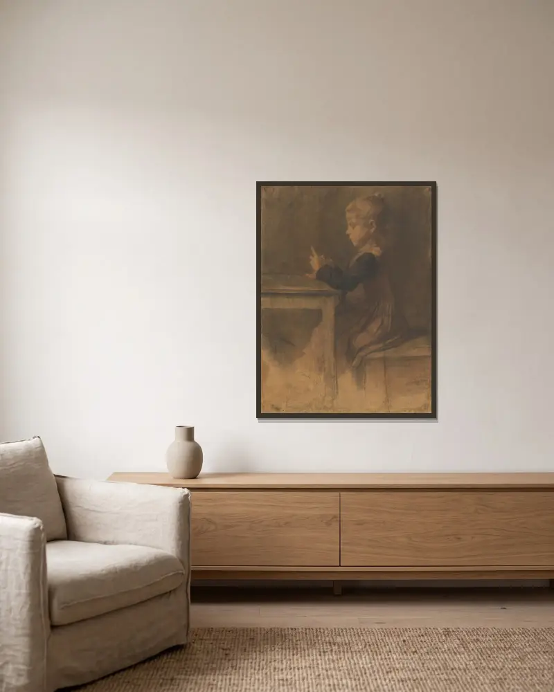 Strickendes Mädchen von Jozef Hanula gerahmt an einer Wand