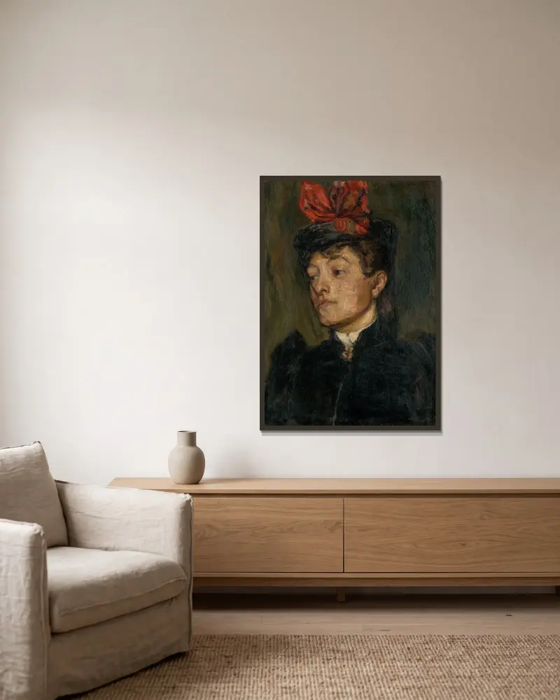 Huvud av dam i hatt av Jozef Hanula inramad på en vägg