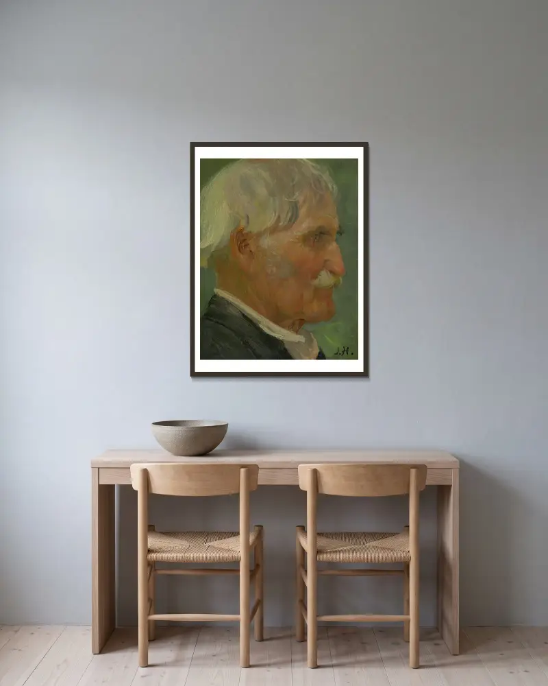 Head Of An Old Man av Jozef Hanula inramad på en vägg