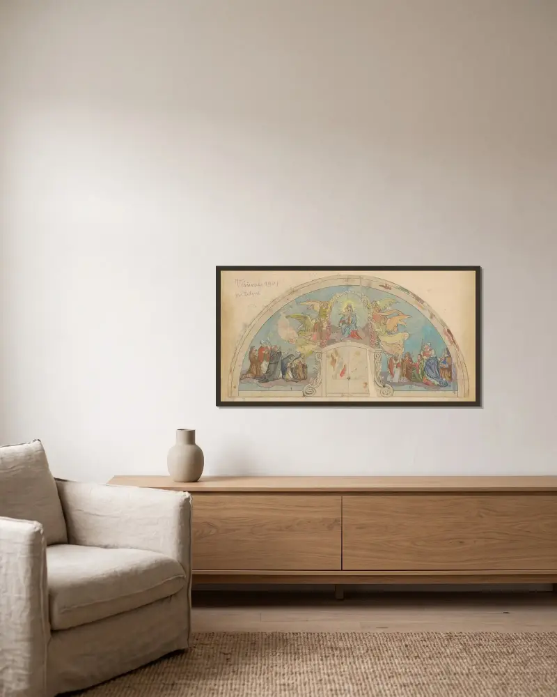 Madonna med barn, muralutkast för en kyrka i Višňové av Jozef Hanula inramad på en vägg