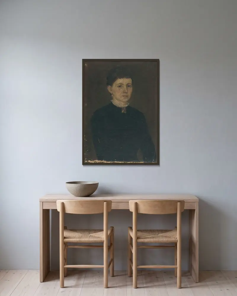 Porträtt av en kvinna av Jozef Hanula inramad på en vägg