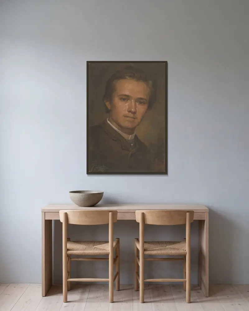 Porträtt av skulptören Janček av Jozef Hanula inramad på en vägg