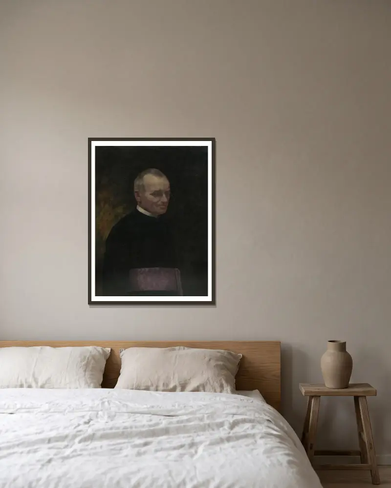 Portrét farára Langa av Jozef Hanula inramad på en vägg