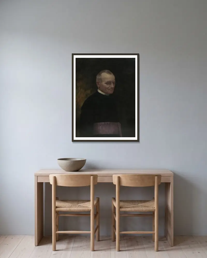 Portrét farára Langa av Jozef Hanula inramad på en vägg
