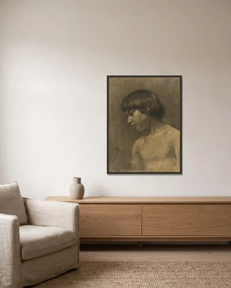 Study of a boy’s head av Jozef Hanula inramad på en vägg