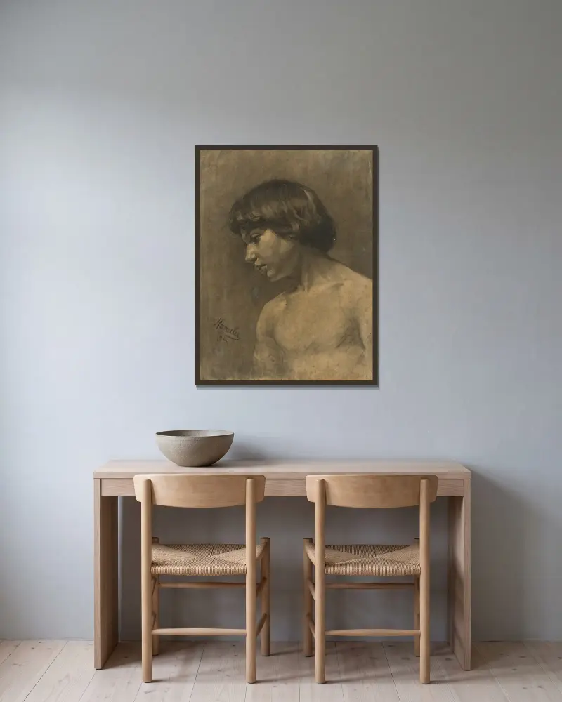 Study of a boy’s head av Jozef Hanula inramad på en vägg
