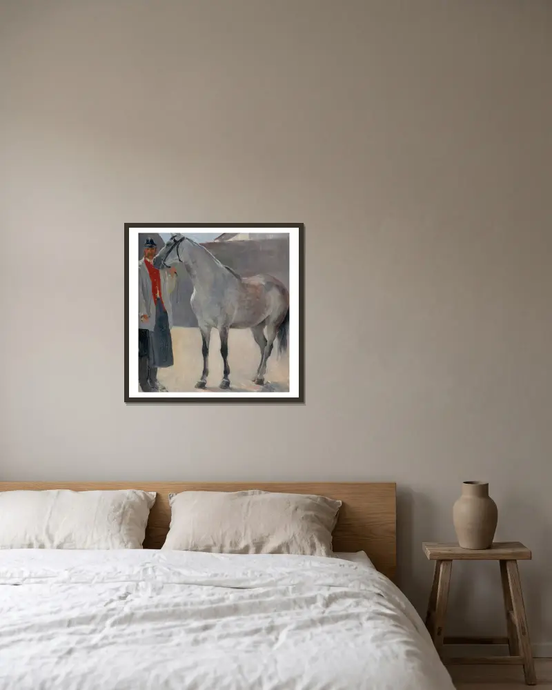 Study of a Grey Horse with a Coachman av Jozef Hanula inramad på en vägg