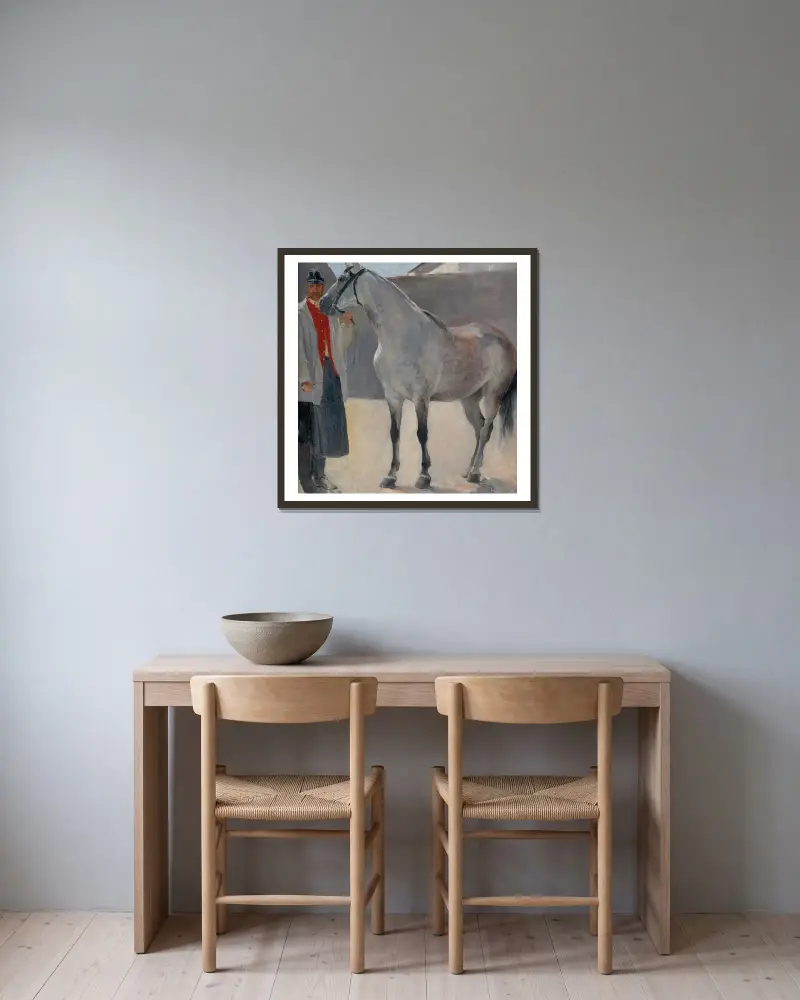 Study of a Grey Horse with a Coachman av Jozef Hanula inramad på en vägg