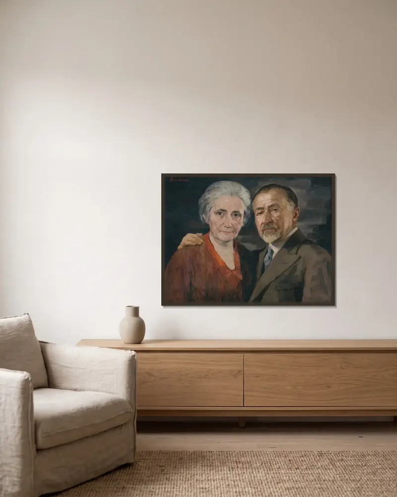 The artist with his wife av Jozef Hanula inramad på en vägg