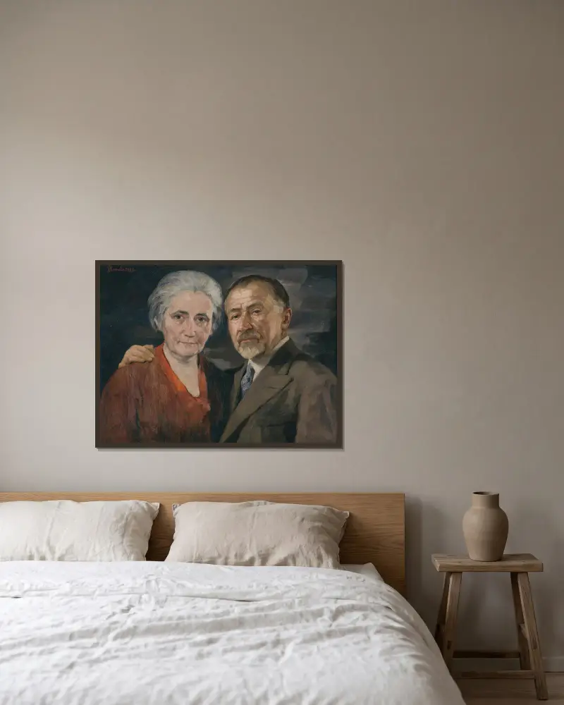 The artist with his wife av Jozef Hanula inramad på en vägg
