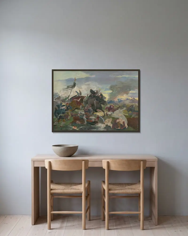 Tomorys död i slaget vid Mohács av Jozef Hanula inramad på en vägg