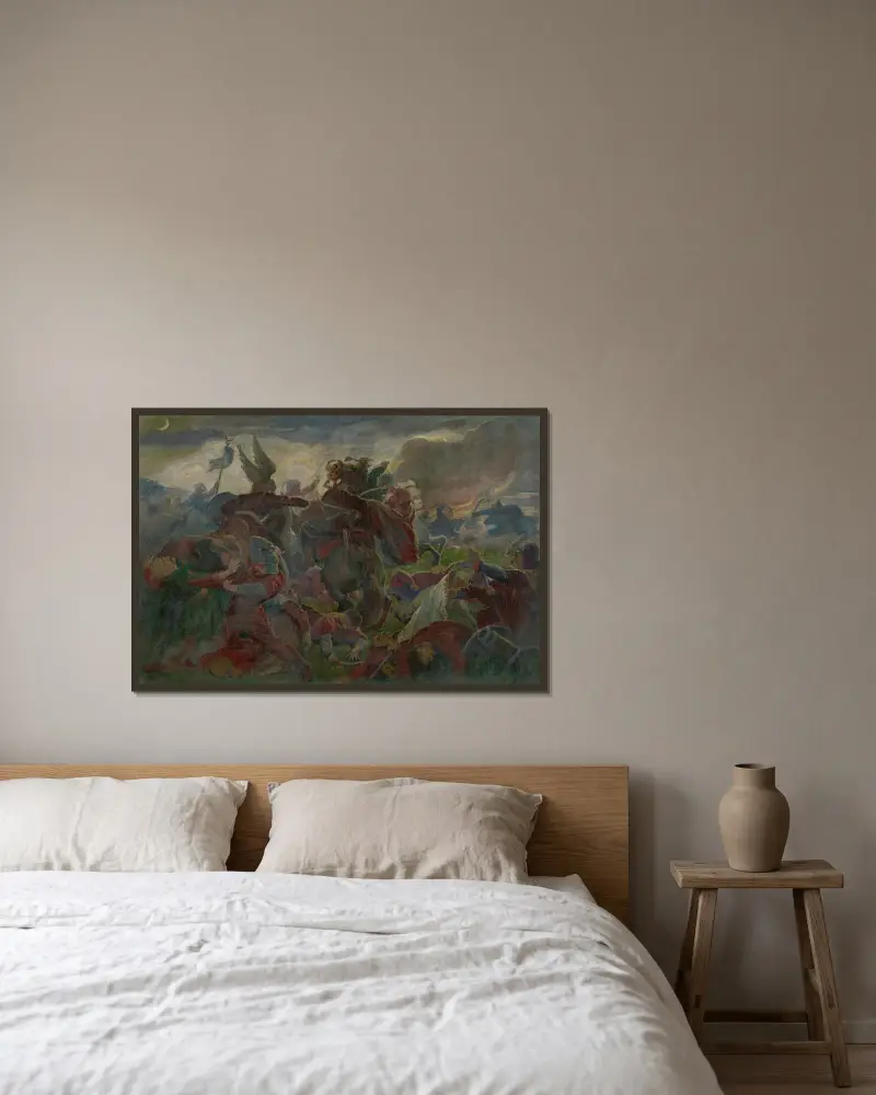 Tomorys död vid slaget vid Mohács av Jozef Hanula inramad på en vägg