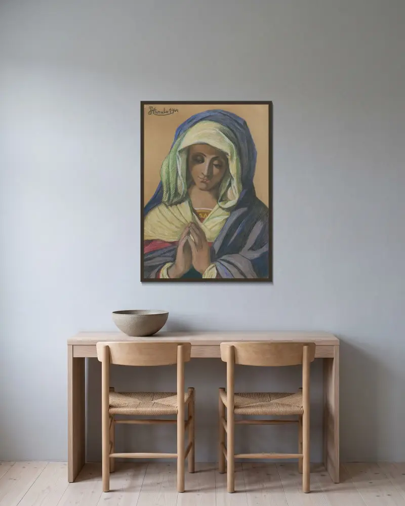 Jungfru Maria av Jozef Hanula inramad på en vägg