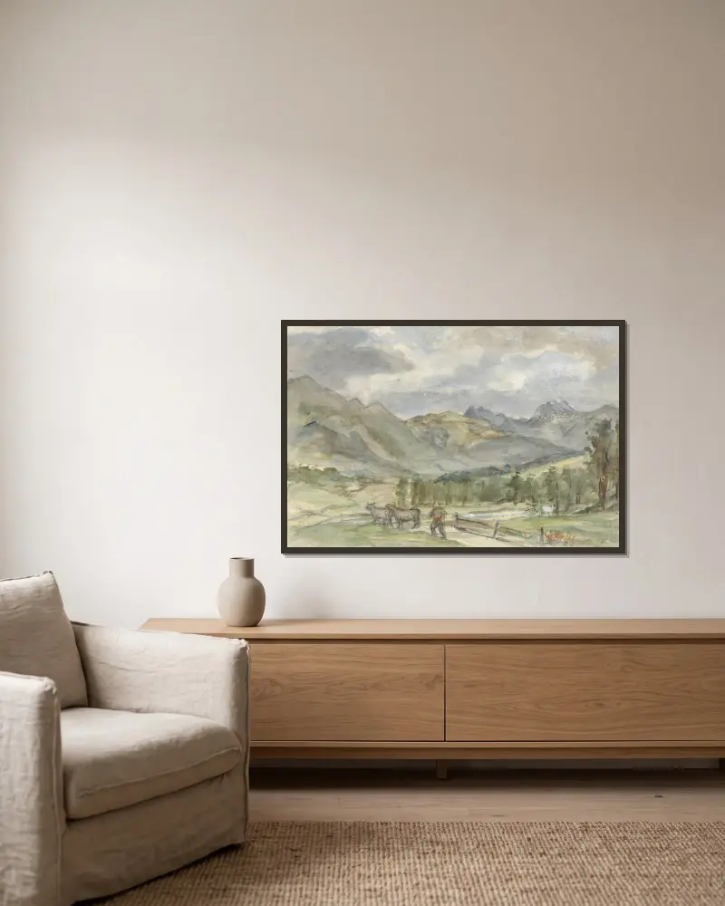 Berglandschap met veehoeder en twee koeien av Jozef Israëls inramad på en vägg
