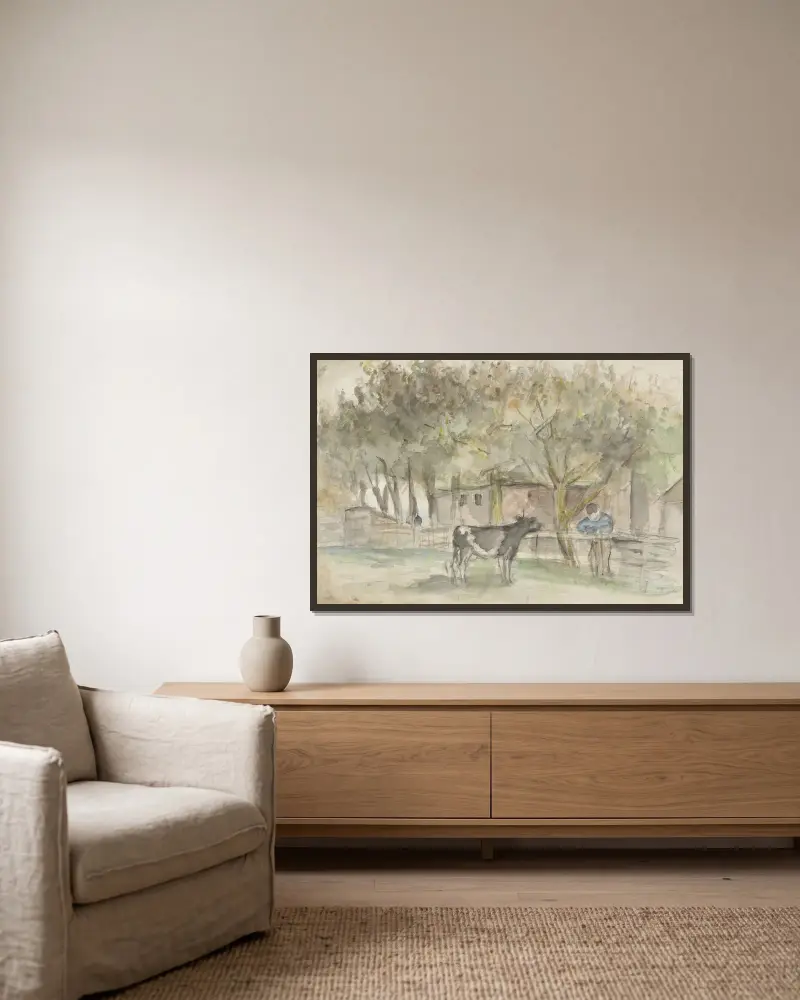 Landschap met een koe en een boer av Jozef Israëls inramad på en vägg