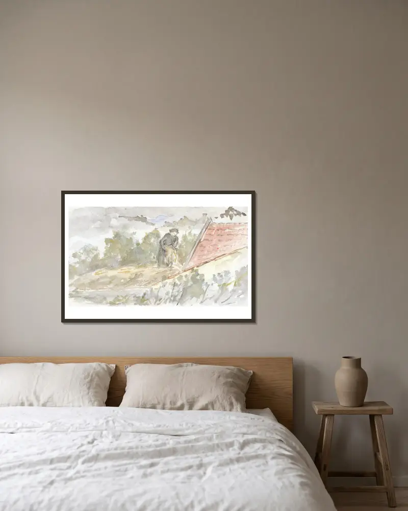 Landschap met vrouw en dak van een huis av Jozef Israëls inramad på en vägg