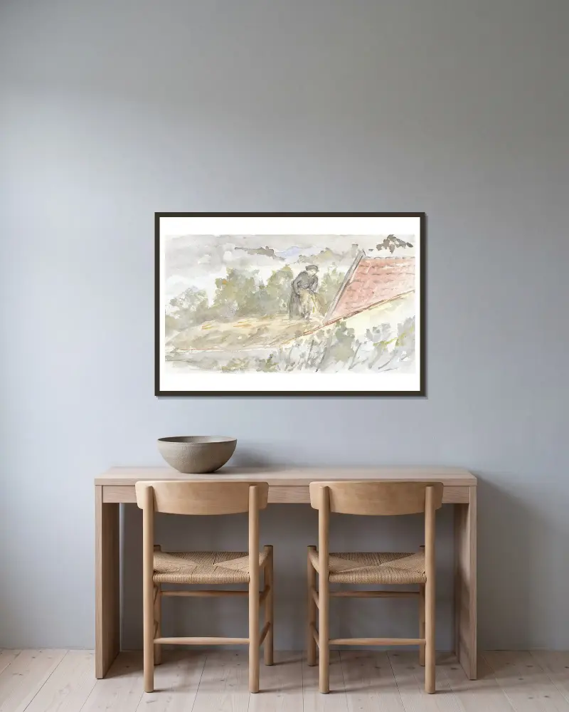Landschap met vrouw en dak van een huis av Jozef Israëls inramad på en vägg