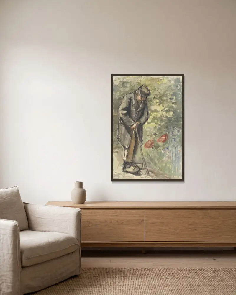 Oude man leunend op zijn stok av Jozef Israëls inramad på en vägg