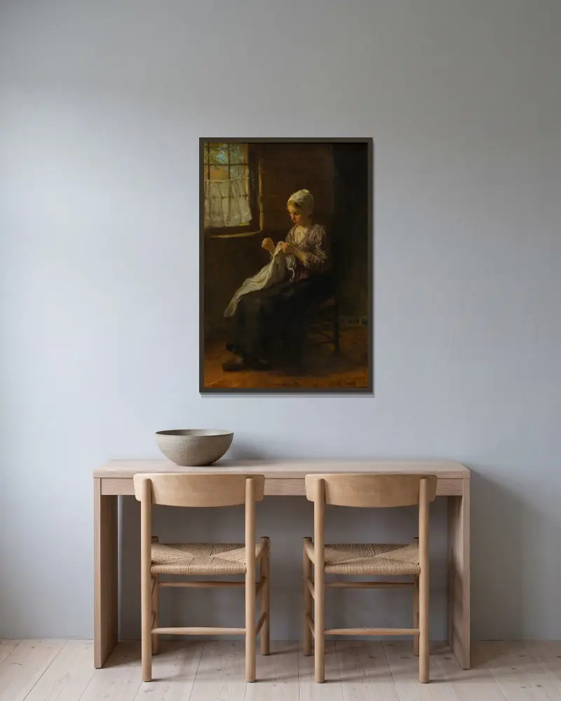 The young seamstress av Jozef Israëls inramad på en vägg