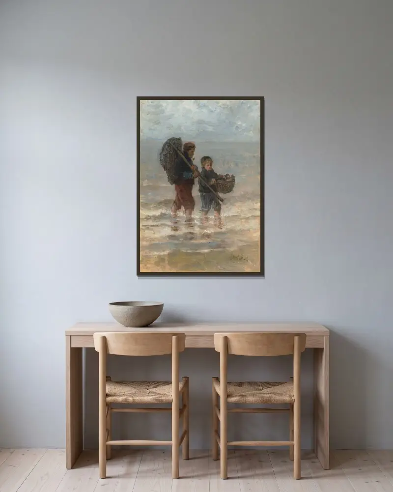 Två barn som vadar av Jozef Israëls inramad på en vägg