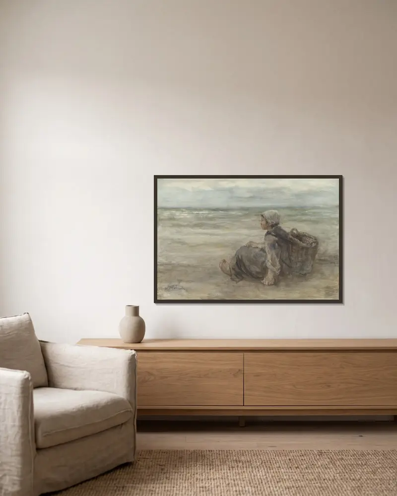 Vissersmeisje op het strand av Jozef Israëls inramad på en vägg
